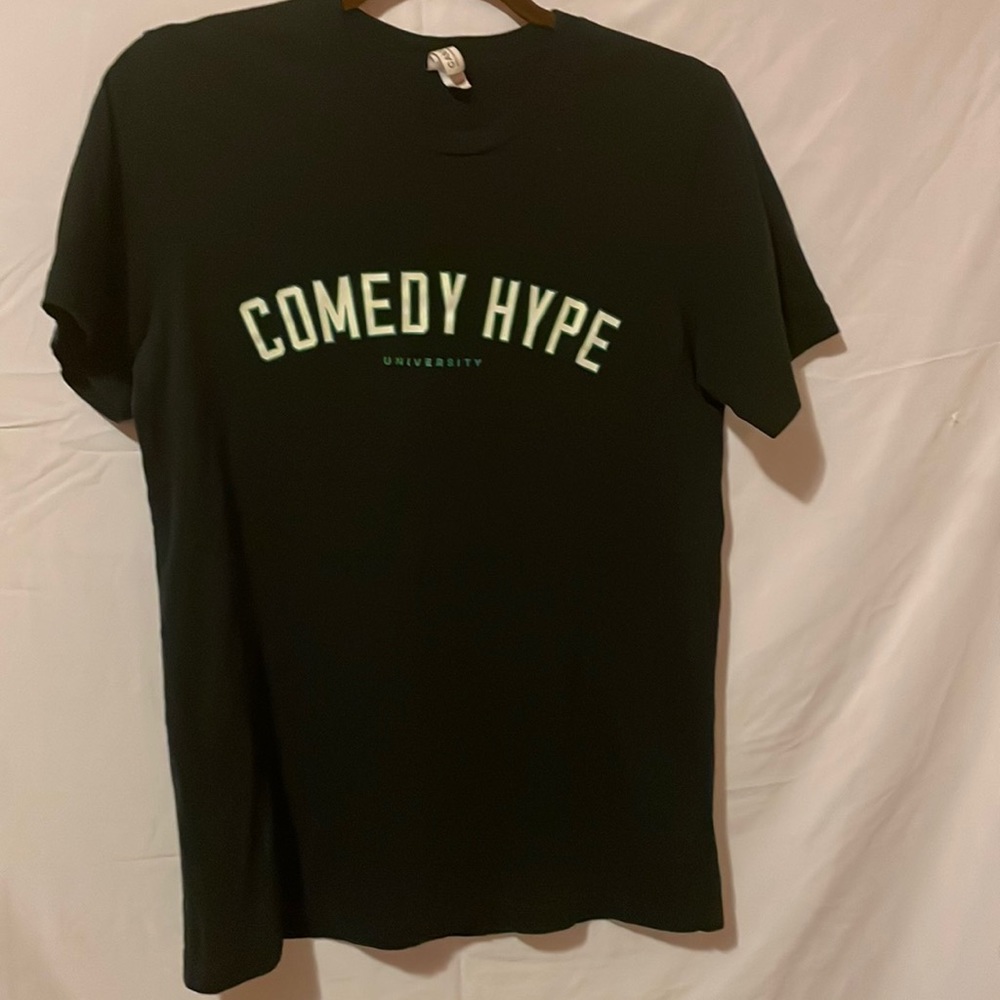 Black, short-sleeved T-shirt.